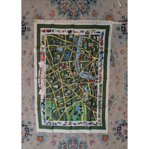 Vintage Mid Century Irish Linen Souvenir Tea Towel - Picture Map of London - Picture 5 of 6